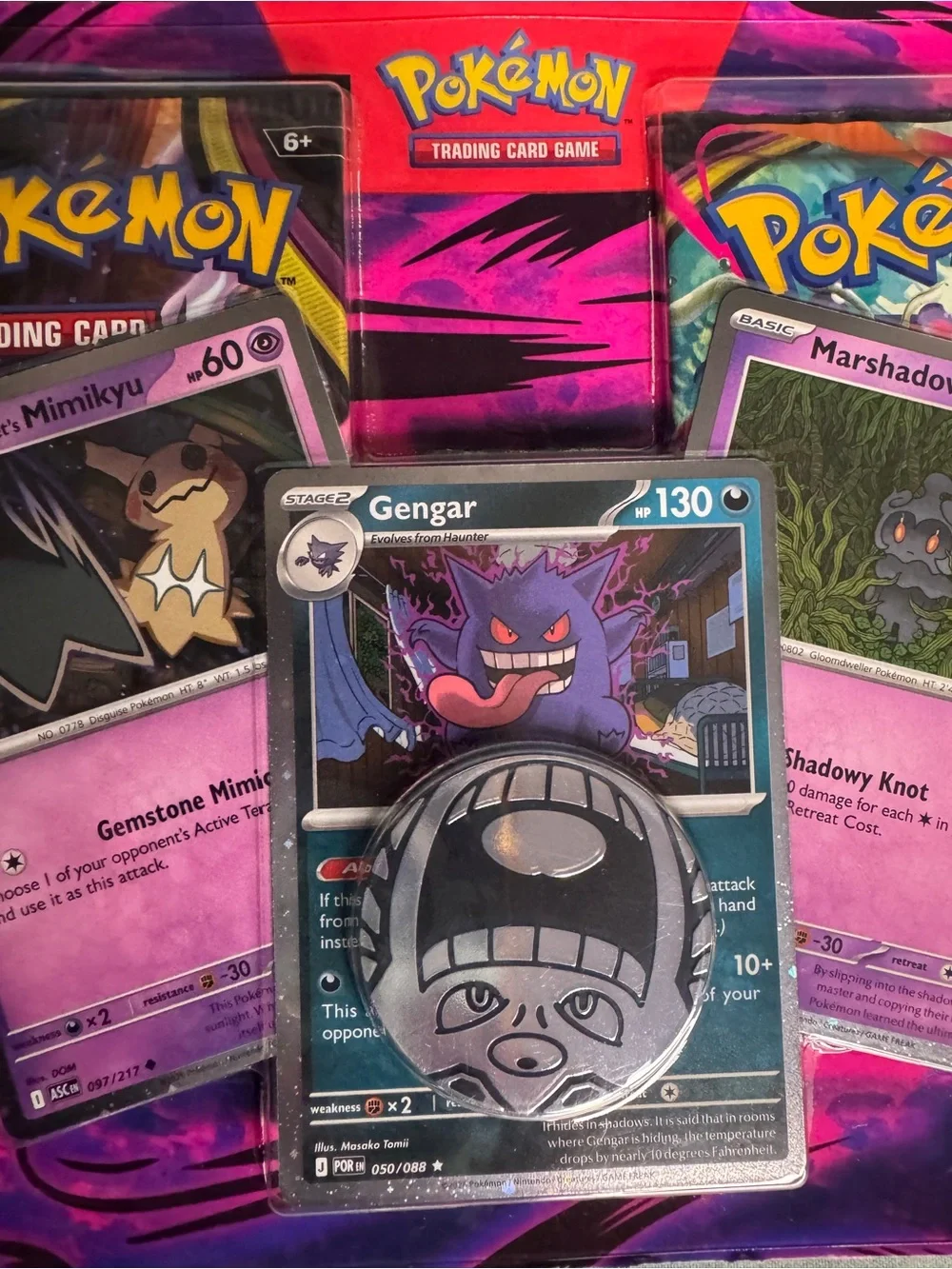 Pokemon TCG Gengar Marshmallow Mimikyu 2 pack Blister coin
